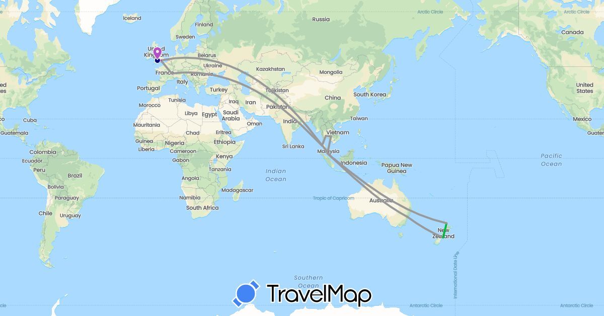 TravelMap itinerary: driving, bus, plane, train in Australia, Switzerland, United Kingdom, Cambodia, Malaysia, New Zealand, Singapore, Thailand (Asia, Europe, Oceania)